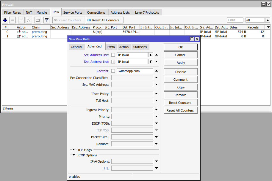 tambah rule Raw content advanced